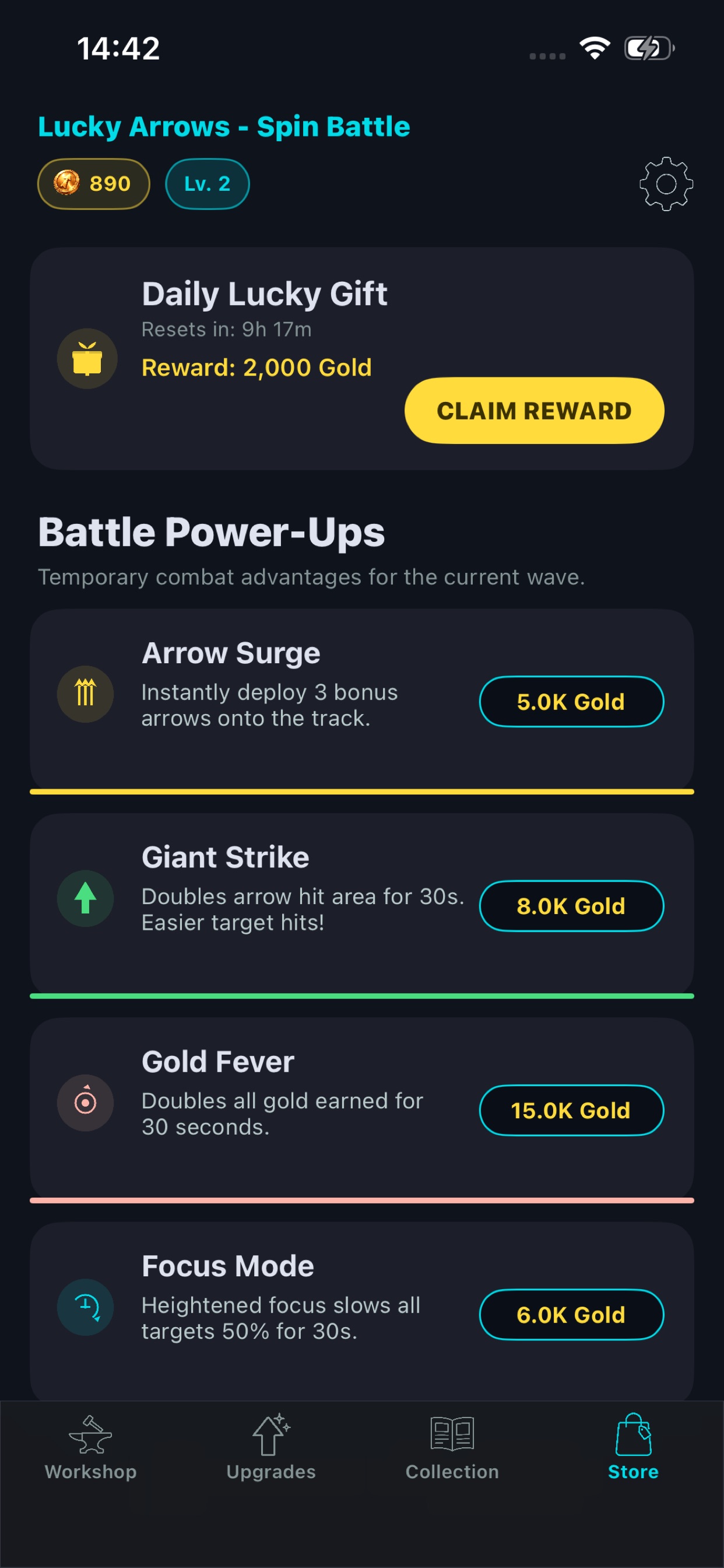 Arrow crafting and collection progression screen